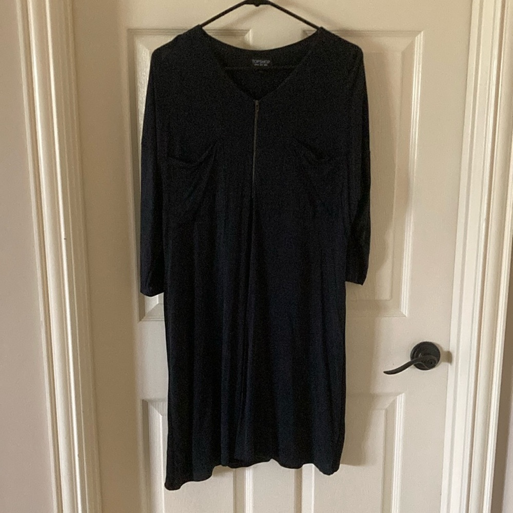 TOPSHOP Off Black Slouchy Front Zip T-Shirt Dress Short Sleeve Size 4 Grey EUC